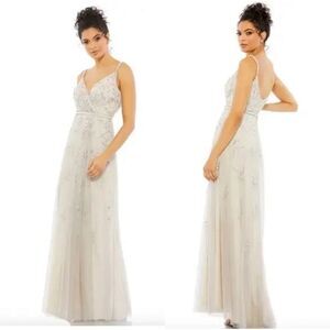 Mac Duggal 9141 Floral Embroidered Sleeveless Beige Multicolor Gown, Size 10